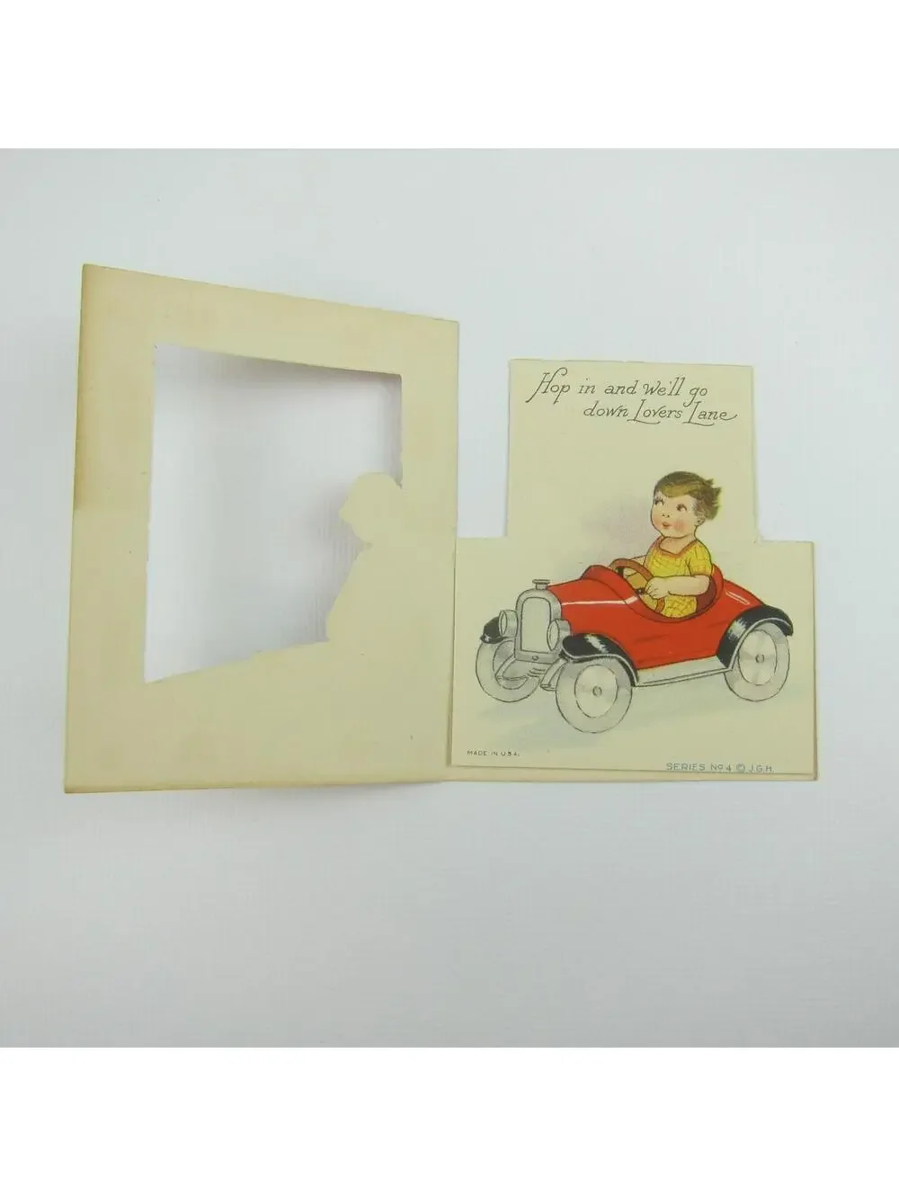 Vintage Valentine  Window Cutout Blonde Girl Boy Red Car Lovers Lane UNSIGNED